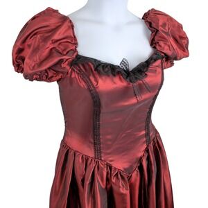 Red Victorian Goth Renaissance Lace Up Corset Dress Puff Sleeve Black Lace Trim